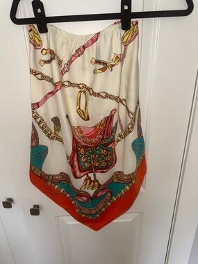 Ivory Asymmetrical Handkerchief Skirt with Orange & Teal Print